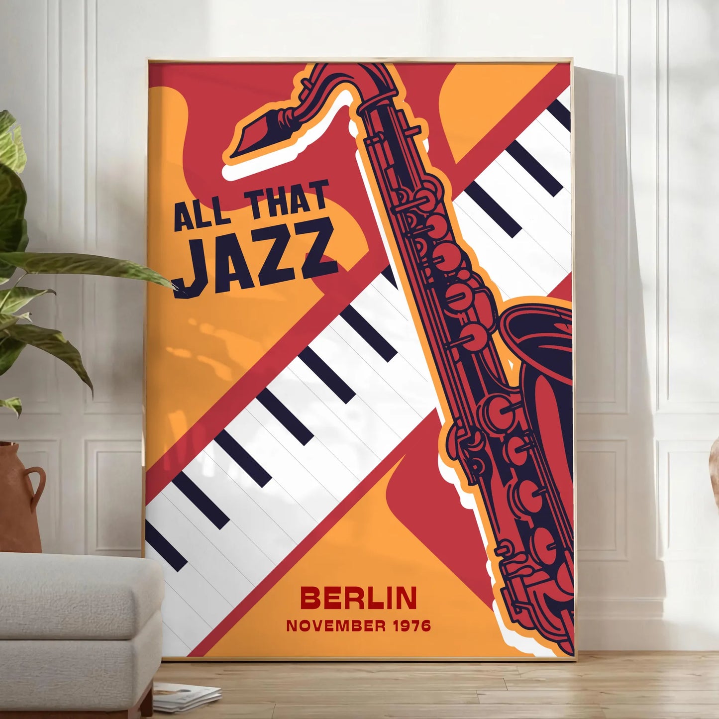 space stunning jazz festival music poster bold black vibrant orange hues wall art unique gift lovers various sizes A4 cm A0 decor eye artwork