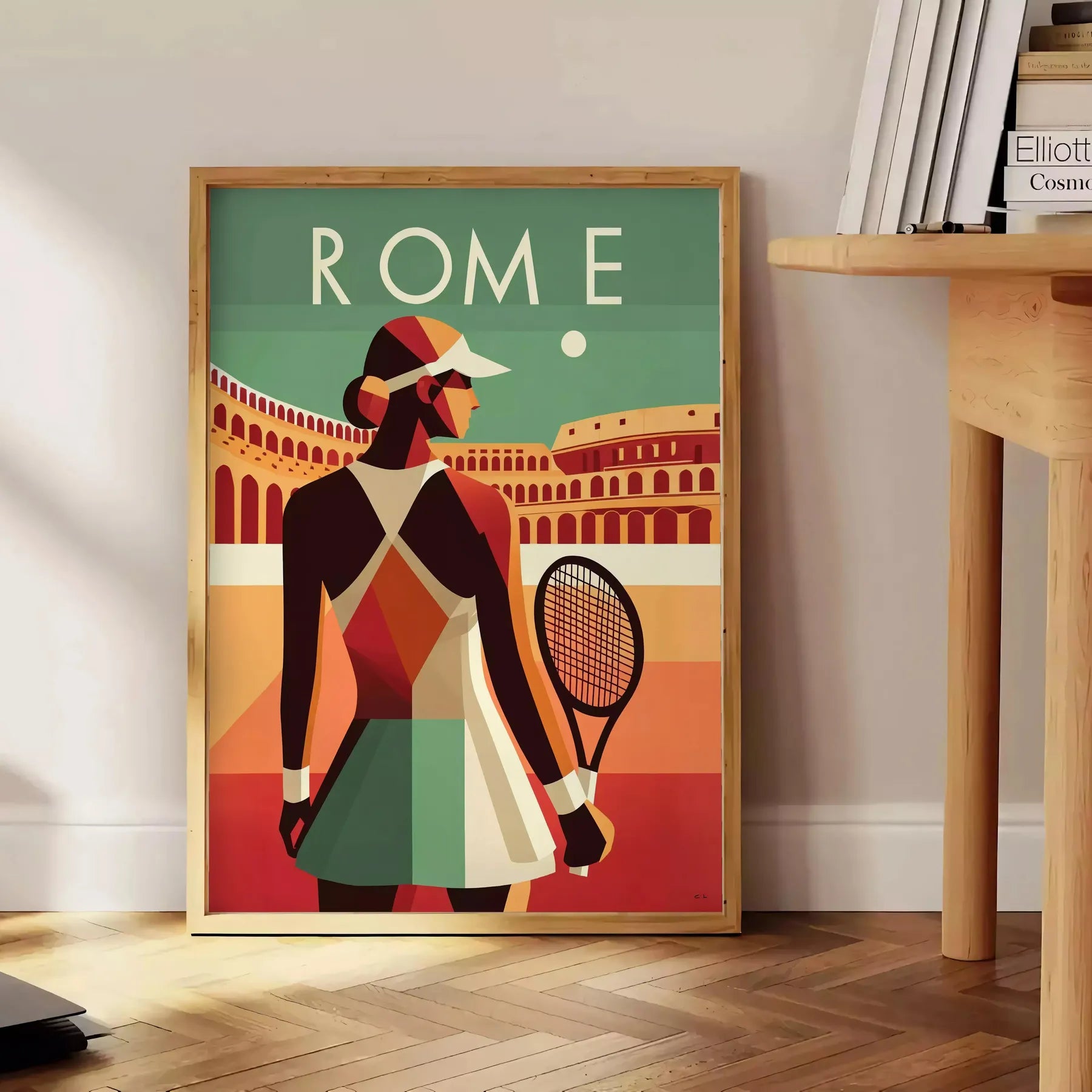 Retro Lady Roma tennis print celebrating iconic Grand Slam tournaments worldwide elegant living room interior framed print