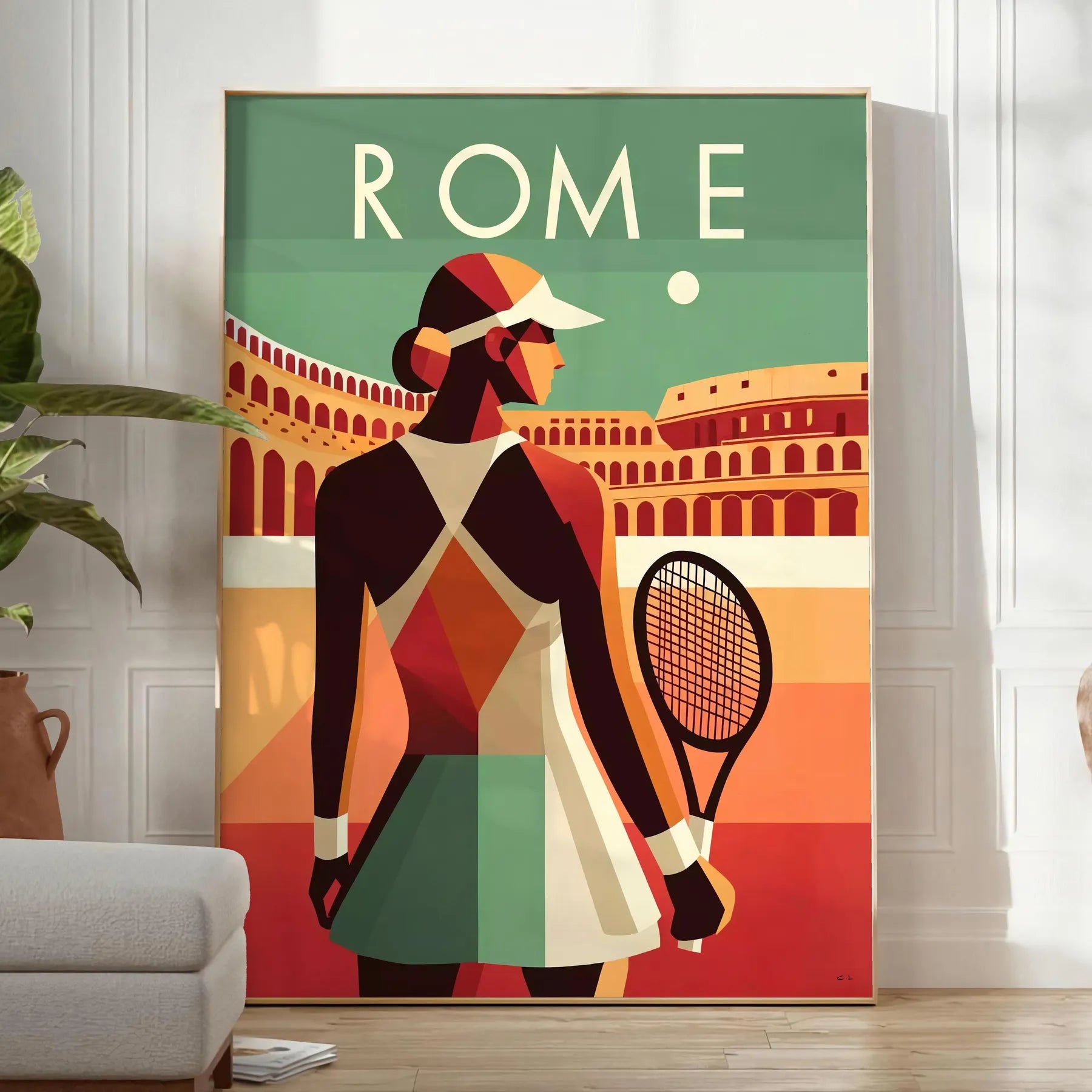 Art Deco Lady Roma tennis poster Grand Slam tournament elegant living room interior framed print